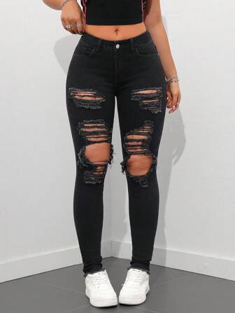 SHEIN Tall Women's Pocket Skinny Distressed Ripped Denim Jeggings