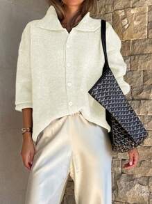 DAZY 纯色宽松翻领女式开衫，秋季女装夹克 - 白色 - 查看 3