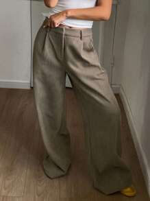 DAZY Quần ống rộng nhung kẻ trơn màu cho nữ có túi - Màu Khaki - Xem 3