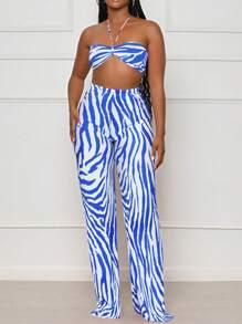 INAWLY 2pcs Women's Tie Back Striped Camisole And Pants Sleepwear Set