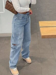 Cross-Border Hot Selling American Casual All-Match Versatile Distressed Crisscross Waistband Pockets Button Women Denim Jeans - Light Wash - View 3