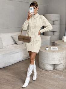 SHEIN Clasi Damen Lässig minimalistisches elegantes Stehkragen Doppeltasche gestricktes Sweaterkleid, Herbst/Winter