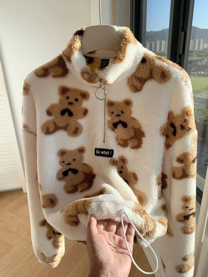 SHEIN EZwear Women's New Cartoon Bear Pattern Plush Half-Zip