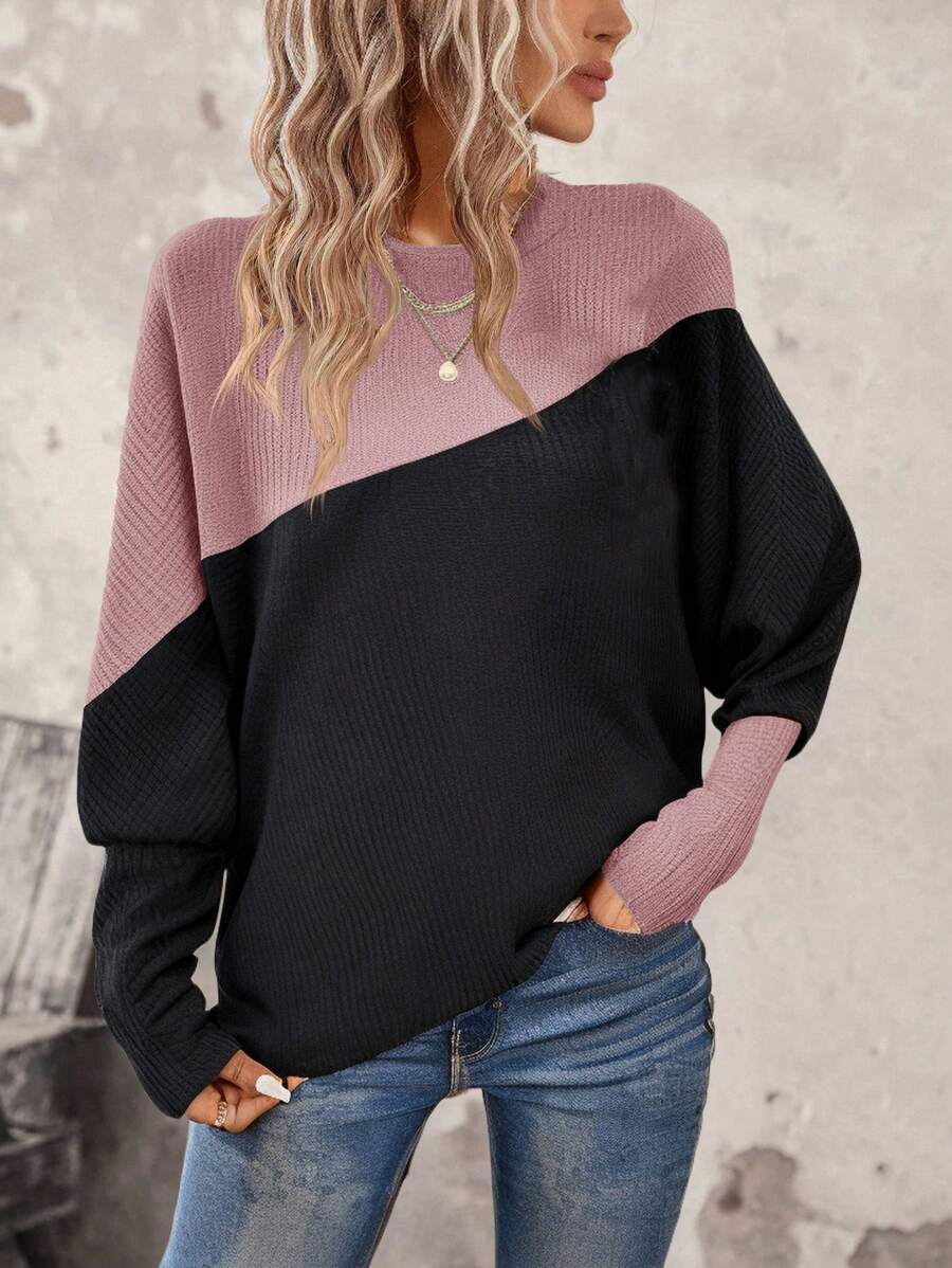 SHEIN LUNE Women Casual Color Block Textured Waffle Fabric Sweatshirt, Autumn - Pink - View 1