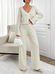 SHEIN 2pcs/Set V-Neck Casual Buttoned Cardigan And Pants - Beige - View 3