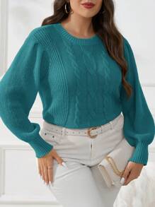 SHEIN Frenchy 大码优雅学院风基本款圆领长灯笼袖锦缎粗针织套头衫，黄色，适合冬季 - 水鴨藍 - 查看 6