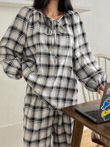 DAZY Plaid Tie Collar Loose Pajama Set - Black and White - View 3