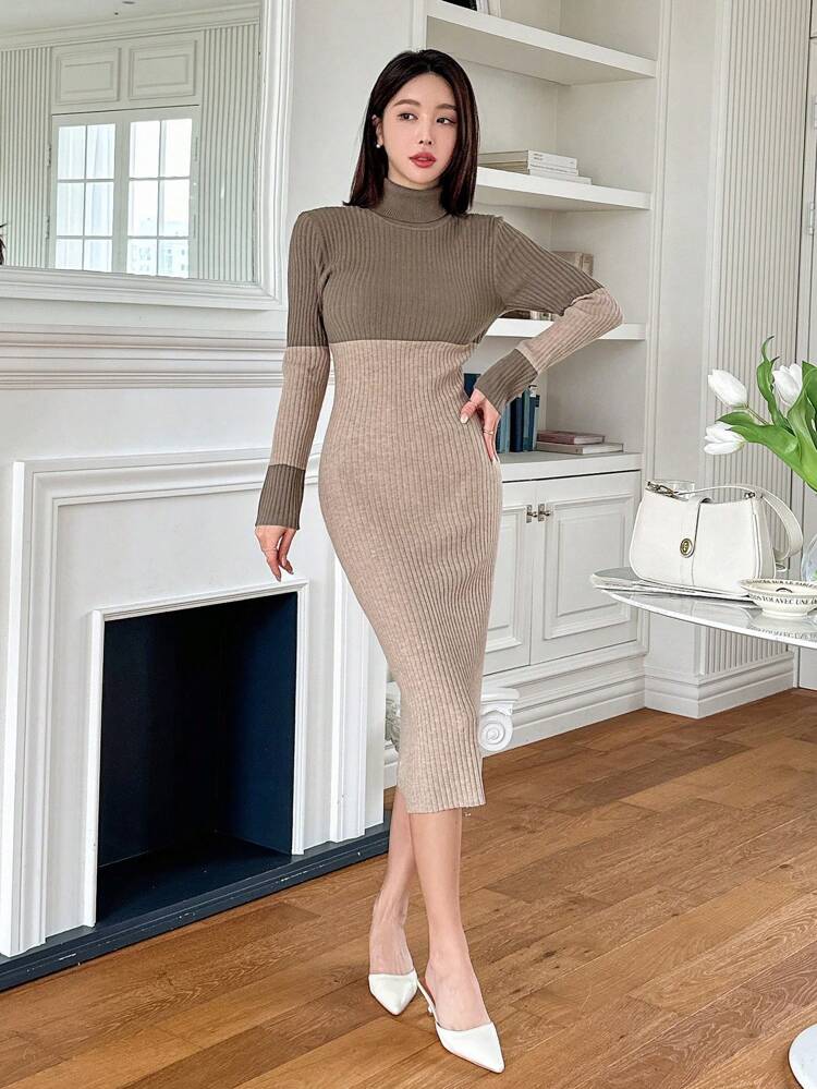 Fitted Color Block Turtleneck Sweater Dress For Women,Fall Clothes