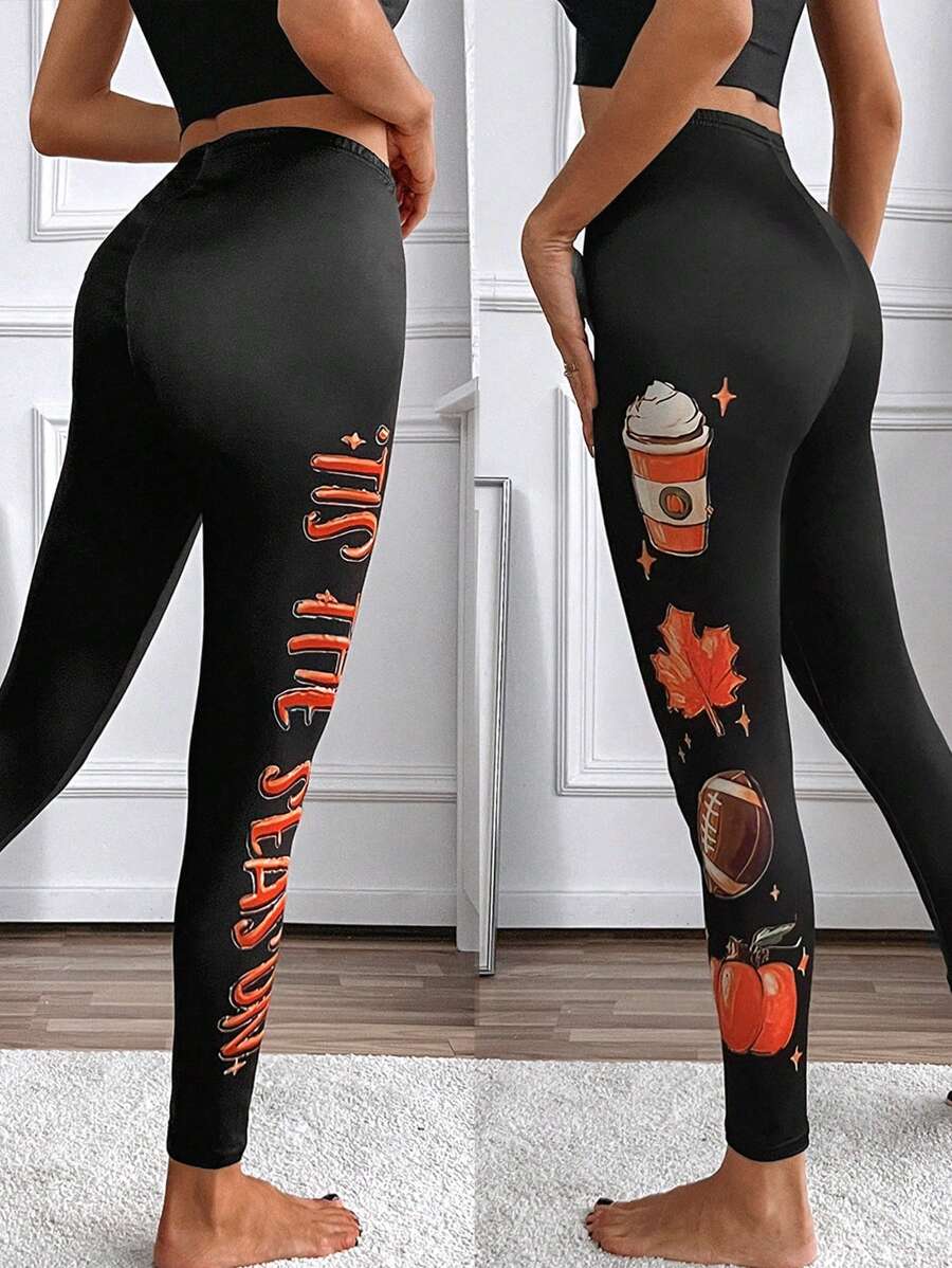 SHEIN LUNE Leggings informales con estampado de calabaza para mujer para Halloween - Negro - Ver 1