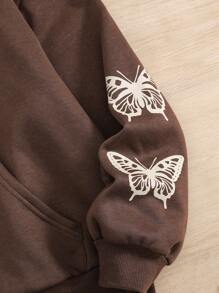 Teen Girl Butterfly Print Front Open Sweatshirt With Thermal Lined, Casual Long Sleeve In Fall/Winter - Brown - View 6