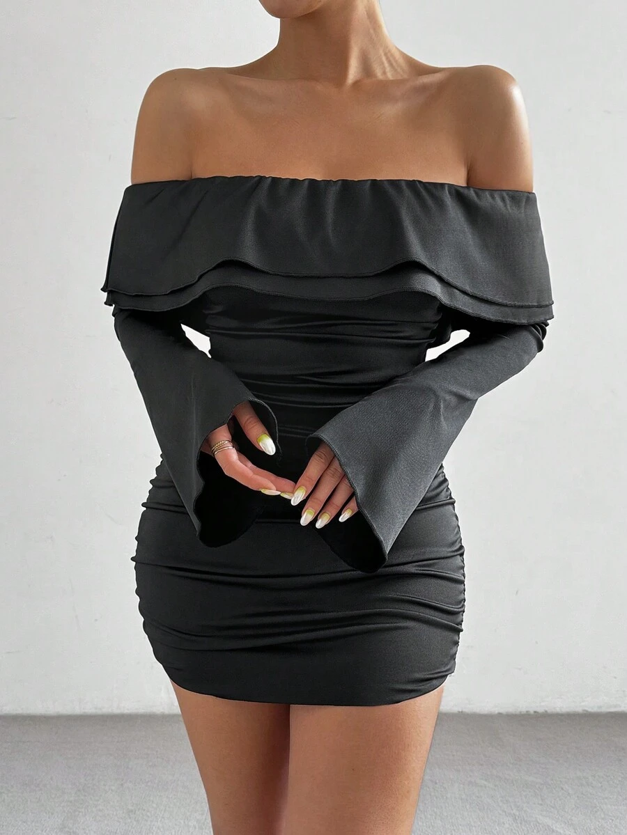 Allurite 1 件女式夏季露肩喇叭袖褶皱紧身迷你连衣裙 - 黑色 - 查看 1