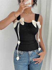 Chiquease 女士弹性针织蝴蝶结装饰褶腰背心、无袖汗衫