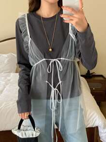 FRIFUL Top con capas de malla para mujer, uso casual diario - Blanco - Ver 3