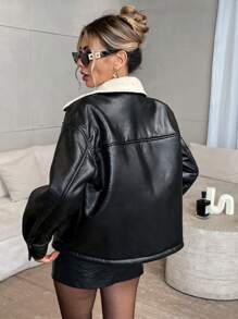 SHEIN Privé 1 pezzo Giacca in pelliccia sintetica con maniche lunghe per donna - nero - Visualizzare 2