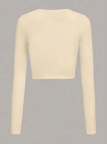 Slaydiva 卡通动物图案短款圆领长袖紧身休闲女式T恤，适合春秋季节可爱长袖上衣T恤少女长袖 - 杏色 - 查看 3