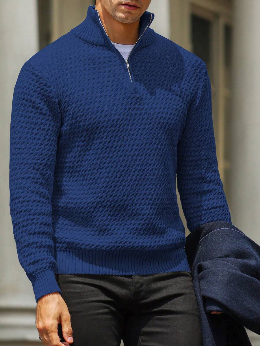 Manfinity Homme 1 件男士纯色前拉链长袖毛衣，休闲日常穿着 - 藍色 - 查看 1