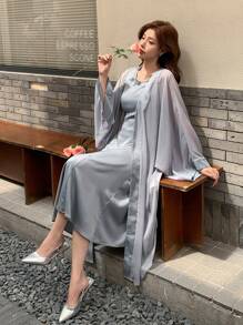 DAZY 2pcs Women Loose Fit Patchwork Cover-Up Dress Set,Fall Clothes - Blue - View 4