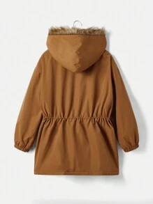 SHEIN EZwear 大码前拉链蓬松拼布口袋豹纹图案衬里棉服，秋冬 - 棕色 - 查看 2