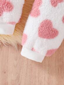 SHEIN 年轻女孩休闲可爱心形图案羊毛连帽衫和下摆心形裤子套装，秋冬家居服 - 粉色 - 查看 5