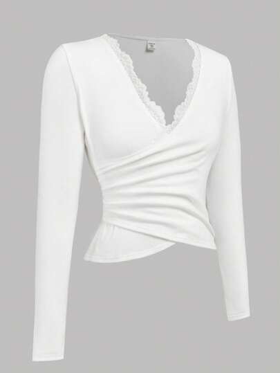 SHEIN Girlism Teen Girls Lace Ruched Waist Form-Fitting White Knit Top