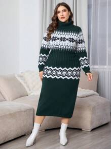 Lacomfia 大码几何图案高领长袖针织毛衣连衣裙，秋冬季休闲 - 墨綠色 - 查看 6