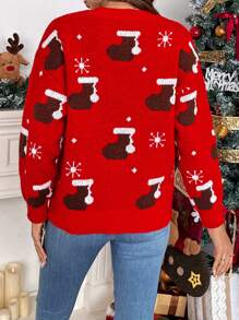 SHEIN Frenchy 女士圣诞圆领长袖图案细节简约休闲毛衣 - 紅色 - 查看 2