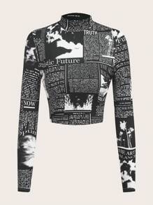 SHEIN EZwear Autumn Fashion Newspaper Print Stand Collar T-Shirt - Black - View 1