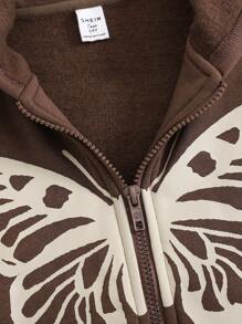 Teen Girl Butterfly Print Front Open Sweatshirt With Thermal Lined, Casual Long Sleeve In Fall/Winter - Brown - View 7