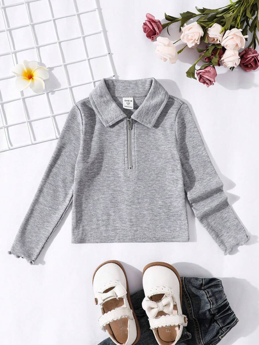 SHEIN Leap Crew Young Girl Casual Versatile Soft Knit Half Open Front Lapel Collar Long Sleeve Top - Grey - View 1