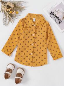 Young Girl Full Floral Print Button-Front Long Sleeve Casual Shirt