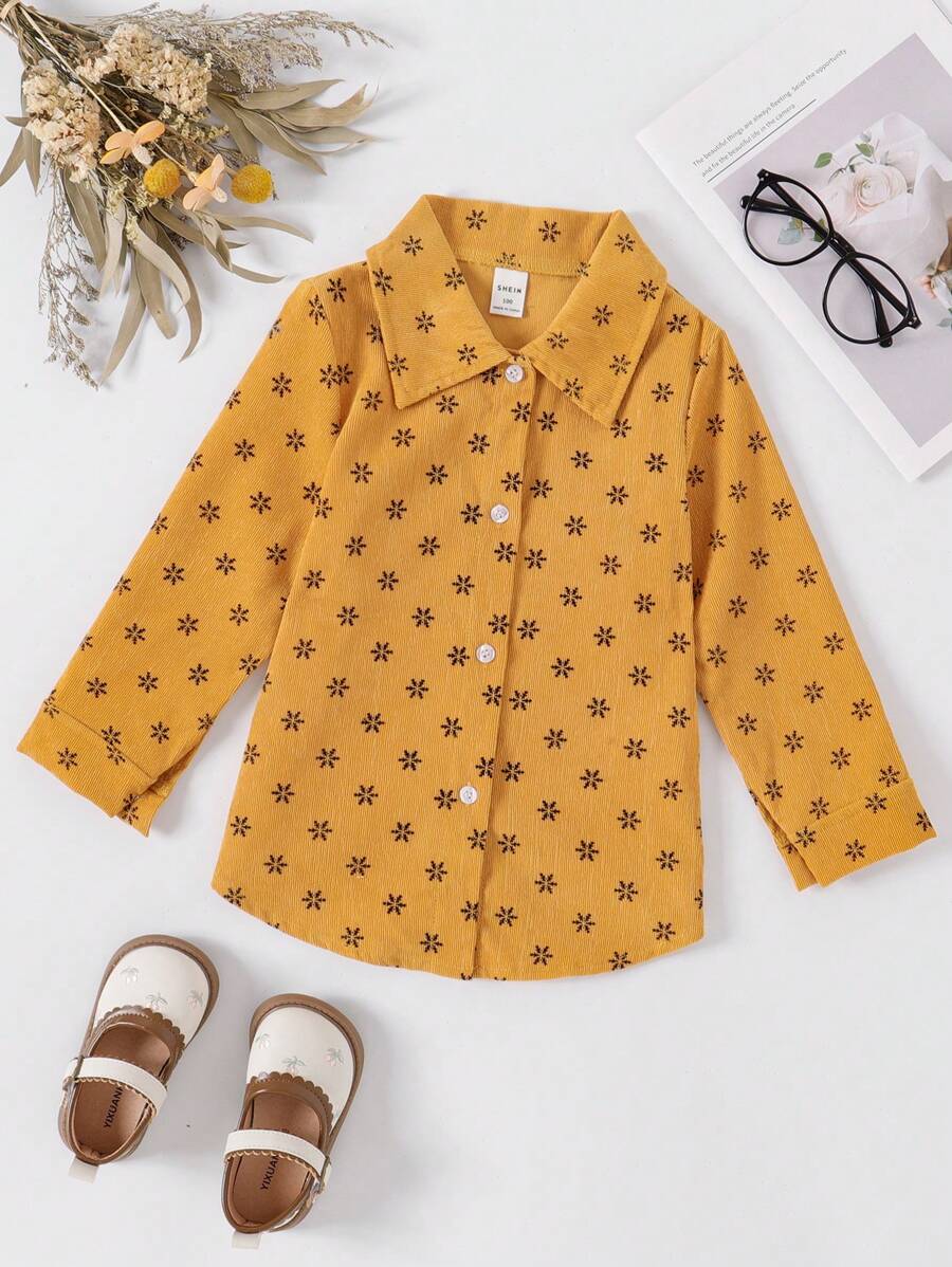 Young Girl Full Floral Print Button-Front Long Sleeve Casual Shirt