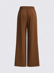SHEIN BASICS Women Casual Solid Color Woven Loose Fit Pants With Pockets - Coffee Brown - View 8