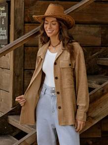 LanaWest Deep Khaki Textured Chest Pocket Front Buttoned Casual Long Sleeve Jacket - Khaki - View 4