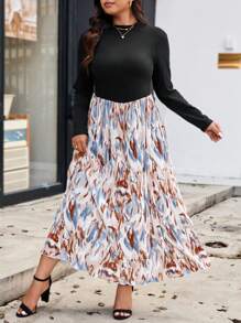 Flirla Plus Size Solid Color Patchwork Round Neck Long Sleeve Pleated Dress