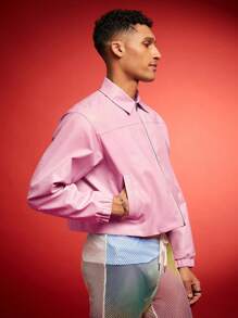 FeverCity 男士短款宽松长袖夹克外套，适合秋冬 - 粉色 - 查看 3