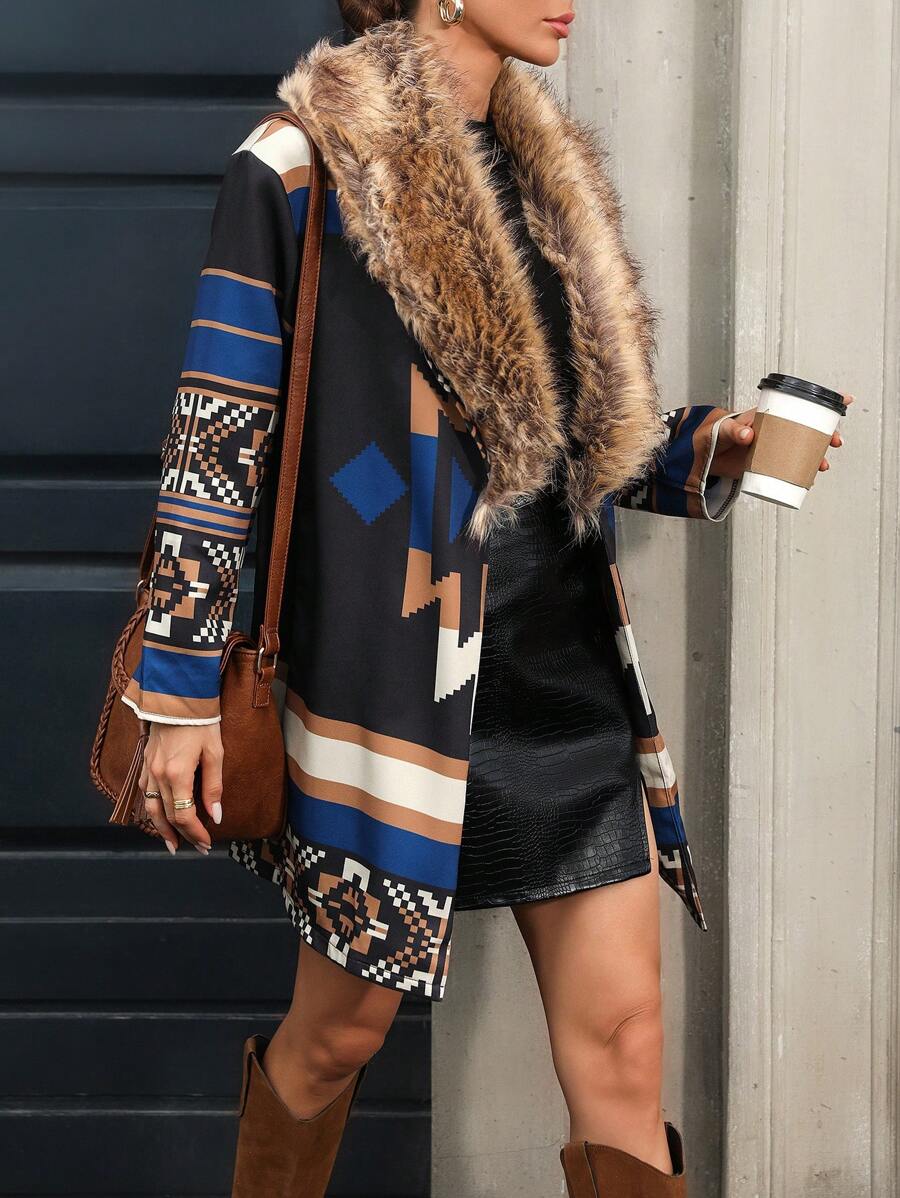 Chiquease 休闲几何印花宽松毛领夹克，秋季 - 彩色 - 查看 1