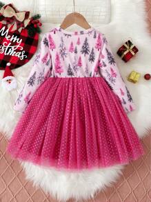 Girls Elegant Christmas Tree Glitter Mesh Ball Gown Dress, Long Sleeve Round Neck, Suitable For Holiday Parties In Spring And Autumn - Pink - View 2