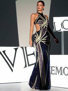 Vestido de graduación con espalda descubierta y recortes con lentejuelas, elegante vestido de noche formal para boda, cena - Multicolor - Ver 5