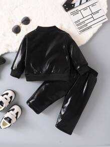2pcs Baby Boys' Letter Patch Flap Detail Fleece Varsity Jacket & Sweatpants, Character, Long Sleeve, Street Wear, New York, Color Block,Autumn/Winter