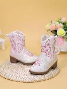 Giày bốt trẻ em, giày bốt cao đến giữa bắp chân, giày bốt cao gót thêu, giày bốt cao bồi miền Tây, mũi nhọn có khóa kéo bên hông - Màu be - Xem 3