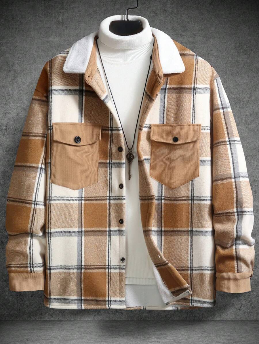 Manfinity Homme 1pc Men's Loose Plaid Print Flap Pocket Drop Shoulder Overcoat - Yellow - View 1