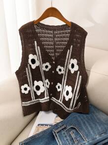 SHEIN Essnce Áo vest dệt kim cổ chữ V họa tiết hoa rộng rãi, cỡ lớn cho nữ, mùa thu/đông - Cà phê nâu - Xem 1