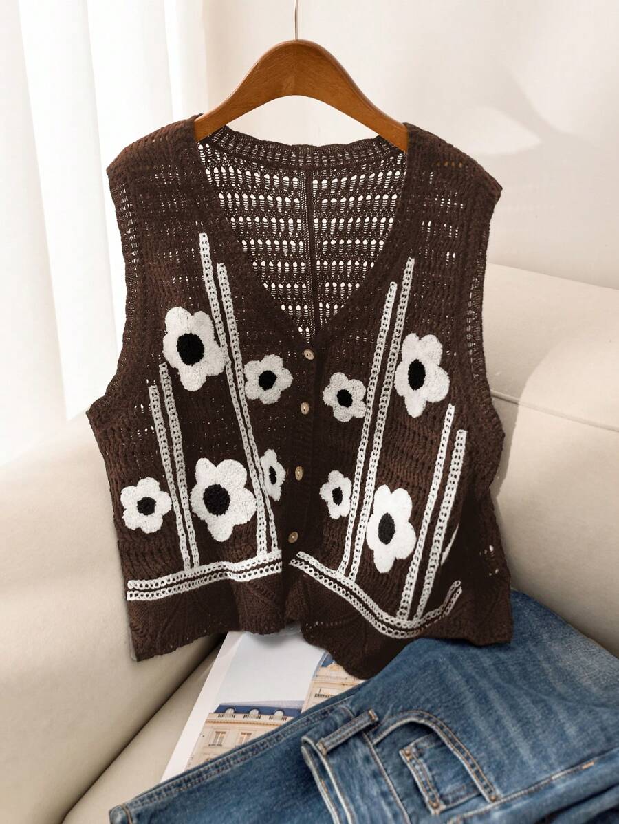 SHEIN Essnce Áo vest dệt kim cổ chữ V họa tiết hoa rộng rãi, cỡ lớn cho nữ, mùa thu/đông - Cà phê nâu - Xem 1