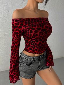 SHEIN EZwear Women's Leopard Print Mesh Off Shoulder Flared Sleeve Cropped T-Shirt - Red - View 6