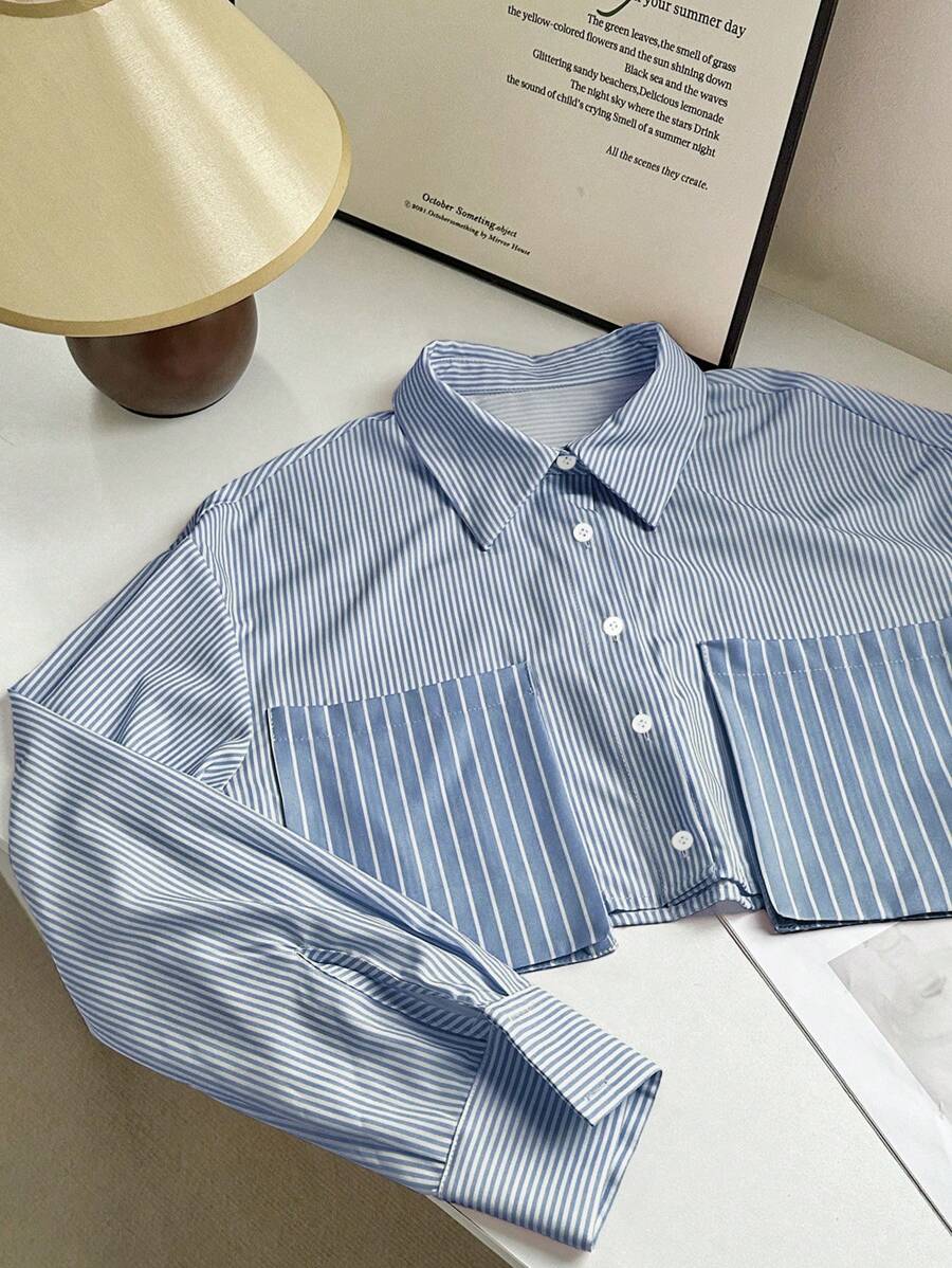 SHEIN Unity Áo sơ mi tay dài cài nút hở túi 3D kẻ sọc thường ngày - Màu xanh bụi bặm - Xem 1