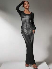 SHEIN SXY Wide Crew Neck Long Sleeve Form Fitting Holiday Glossy Banquet Dinner Elegant Gorgeous Women Long Dress