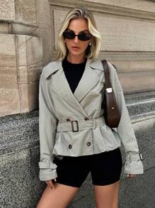 Forever 21 Women's Solid Color Double-Breasted Belted Long Sleeve Trench Coat - Green - View 1