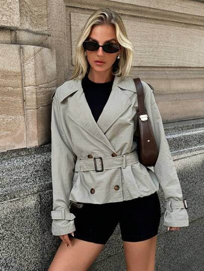 Forever 21 Women's Solid Color Double-Breasted Belted Long Sleeve Trench Coat