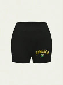 INAWLY Women's Jamaica Flag Printed Shorts, Y2K High Waist Sexy Shorts With Letter Print - Black - View 4