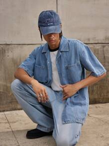 Forever 21 Men's Oversized Vintage Casual Style Studded Pocket Blue Washed Denim Shirt (Medium Wash) For Summer And Fall - Medium Wash - View 4